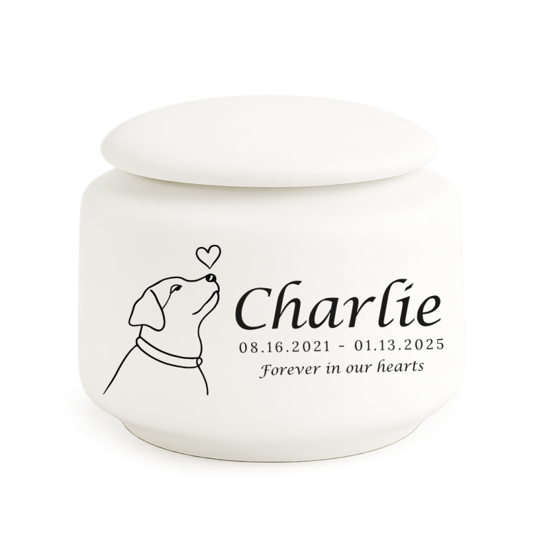 Urne funéraire pour chien personnalisée en céramique – Urne pour chien avec nom, dates, illustration minimaliste & message