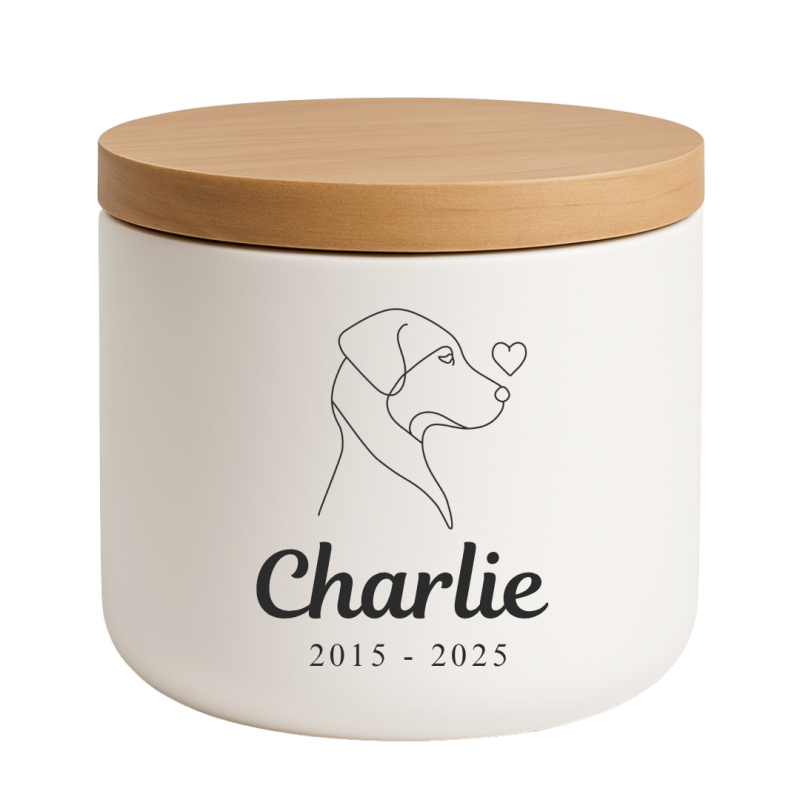 Urne funéraire pour chien personnalisée en céramique avec illustration minimaliste – Urne funéraire pour animal avec nom & dates