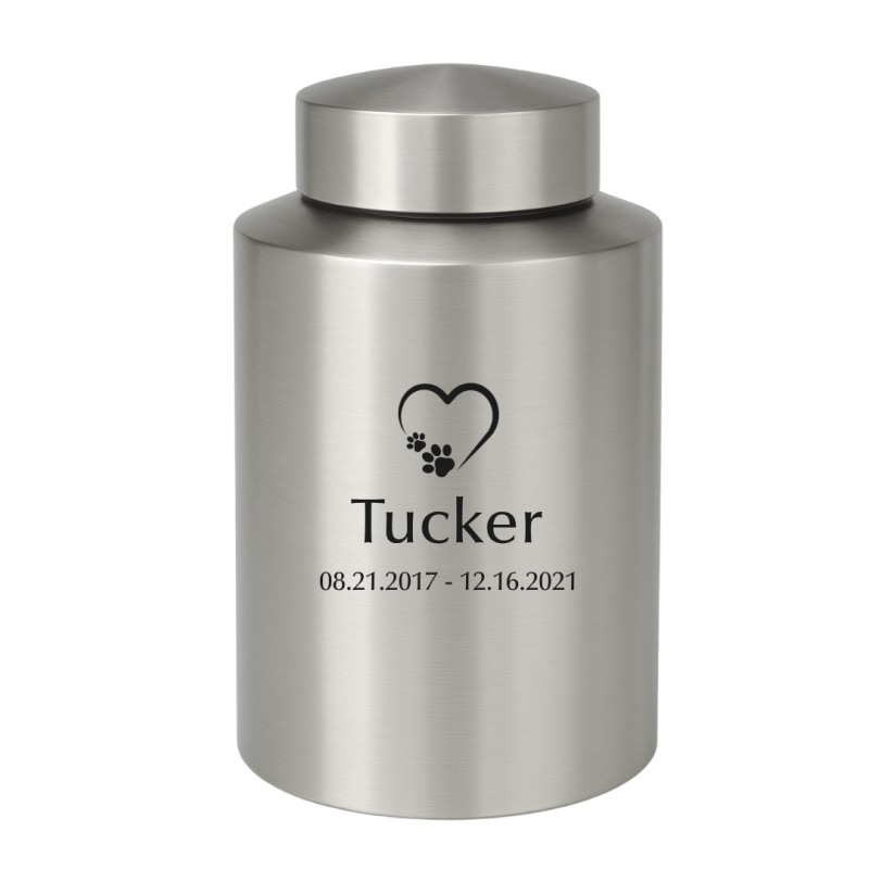 Urne pour chien cylindrique en acier inoxydable personnalisée avec nom, dates & motif cœur-patte