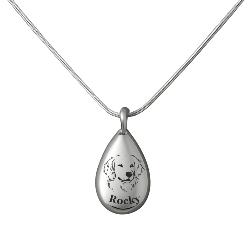 Collier urne funéraire pour cendres de chien goutte personnalisé – Bijou commémoratif avec nom & dessin d’après photo gravés