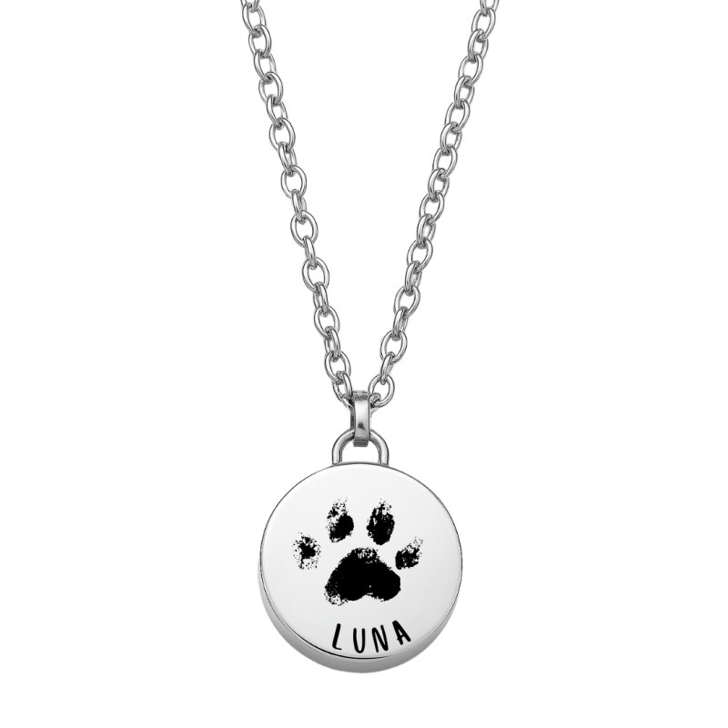 Collier urne funéraire pour cendres de chien rond personnalisé – Bijou commémoratif avec nom & empreinte de patte gravés