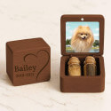 Coffret souvenir en bois pour chien personnalisé avec 2 fioles en verre pour cendres et poils, avec photo, nom, dates et message