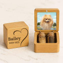 Coffret souvenir en bois pour chien personnalisé avec 2 fioles en verre pour cendres et poils, avec photo, nom, dates et message