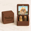 Coffret souvenir en bois pour chien personnalisé avec 2 fioles en verre pour cendres et poils, avec photo, nom & dates