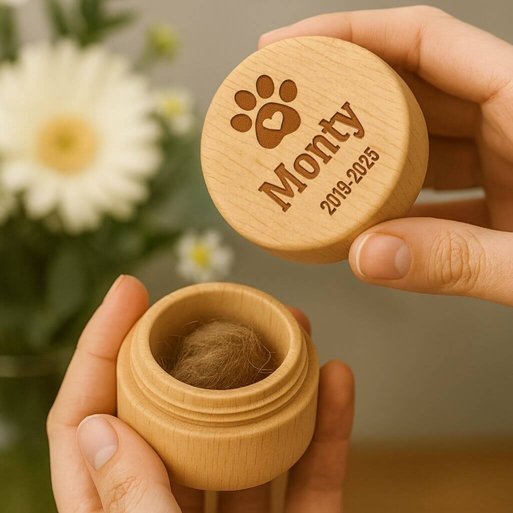 Coffret souvenir rond en bois pour chien, pour cendres ou poils, avec nom, dates & motif empreinte de patte