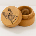 Coffret souvenir rond en bois pour chien avec dessin gravé d'après photo, pour cendres ou poils, avec nom