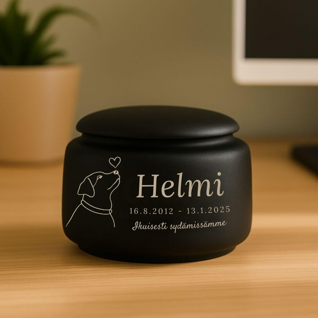 Urne funéraire pour chien personnalisée en céramique – Urne pour chien avec nom, dates, illustration minimaliste & message