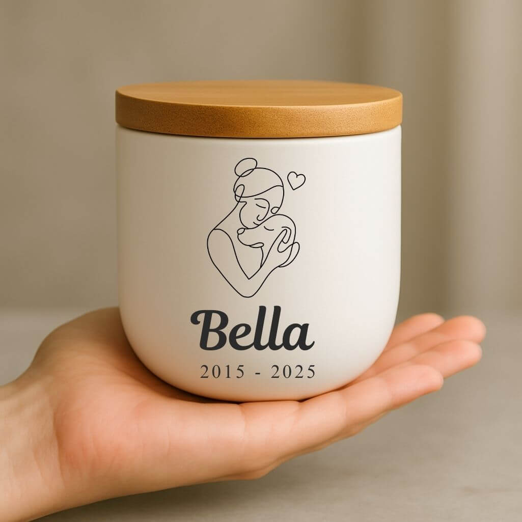 Urne funéraire pour chien personnalisée en céramique avec illustration femme & chien – Urne pour animal avec nom & dates