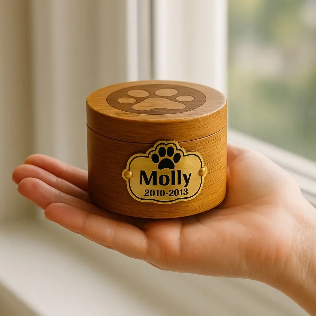 Pieni puinen lemmikkiuurna, jossa on kaiverrettu tassunjälki ja kultainen nimikyltti tekstillä “Molly 2010–2013”.