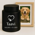 Urne pour chien cylindrique en acier inoxydable personnalisée avec nom, dates & motif cœur-patte