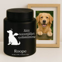 Urne pour chien cylindrique en acier inoxydable personnalisée avec nom, dates, message & motif ange