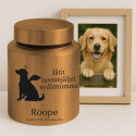 Urne pour chien cylindrique en acier inoxydable personnalisée avec nom, dates, message & motif ange