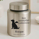 Urne pour chien cylindrique en acier inoxydable personnalisée avec nom, dates, message & motif ange