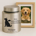 Urne pour chien cylindrique en acier inoxydable personnalisée avec nom, dates, message & motif ange