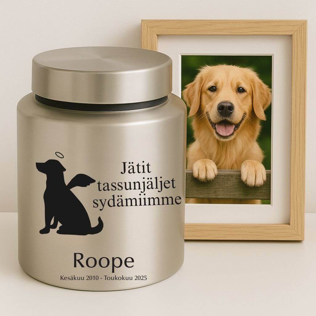 Urne pour chien cylindrique en acier inoxydable personnalisée avec nom, dates, message & motif ange