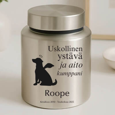Yksilöity ruostumaton koiran teräsuurna lieriö...