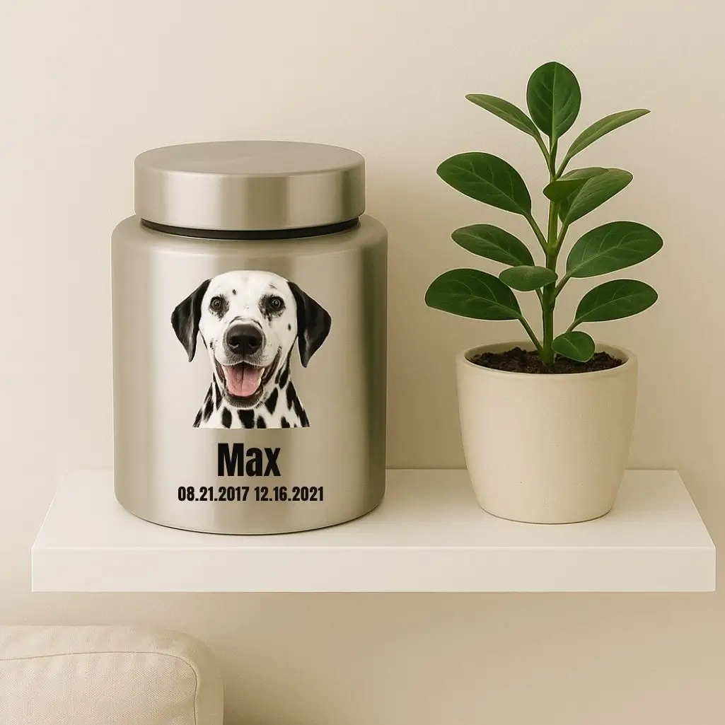 Hopeinen koirauurna dalmatiankoiran kuvalla ja nimellä Max sekä syntymä- ja kuolinpäivämäärillä.