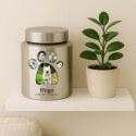 Urne cylindrique pour chien en acier inoxydable personnalisée avec photos dans un cadre en forme de patte, nom & dates