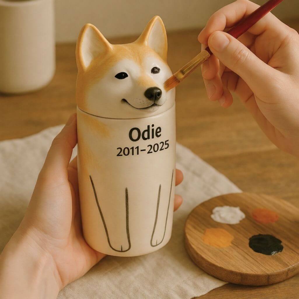 Urne pour chien artisanale en céramique personnalisée par race – Urne funéraire unique avec portrait peint et yeux ouverts