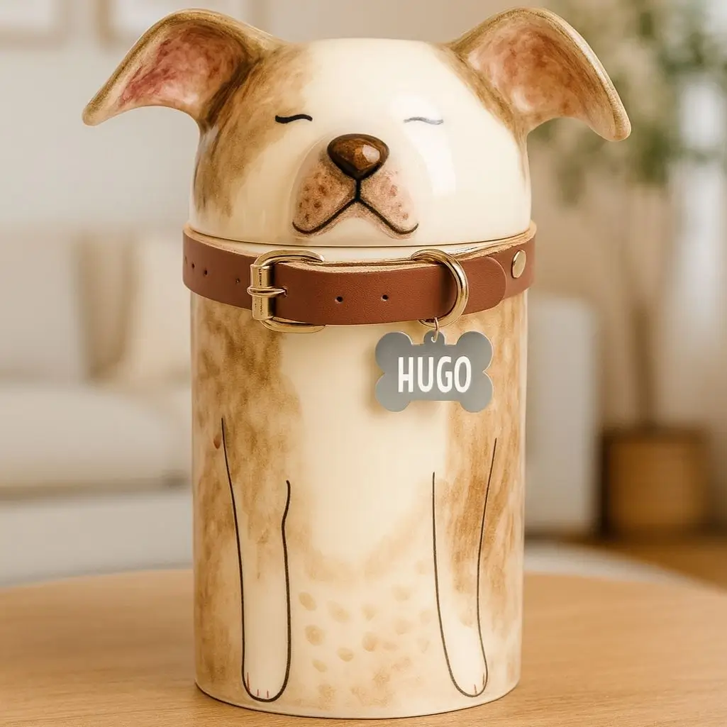 Ruskean koiran muotoinen keraaminen koirauurna nahkapannalla ja luulaatalla, johon on kaiverrettu nimi Hugo.