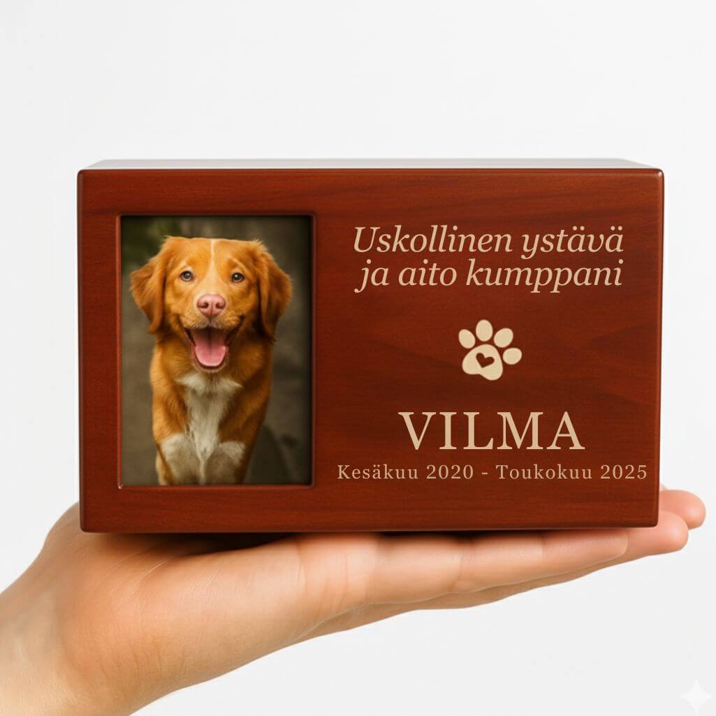 Yksilöity puinen koiran uurnarasia kuvalla – kaiverrettu muistorasia, nimi, päivämäärät & muistolause