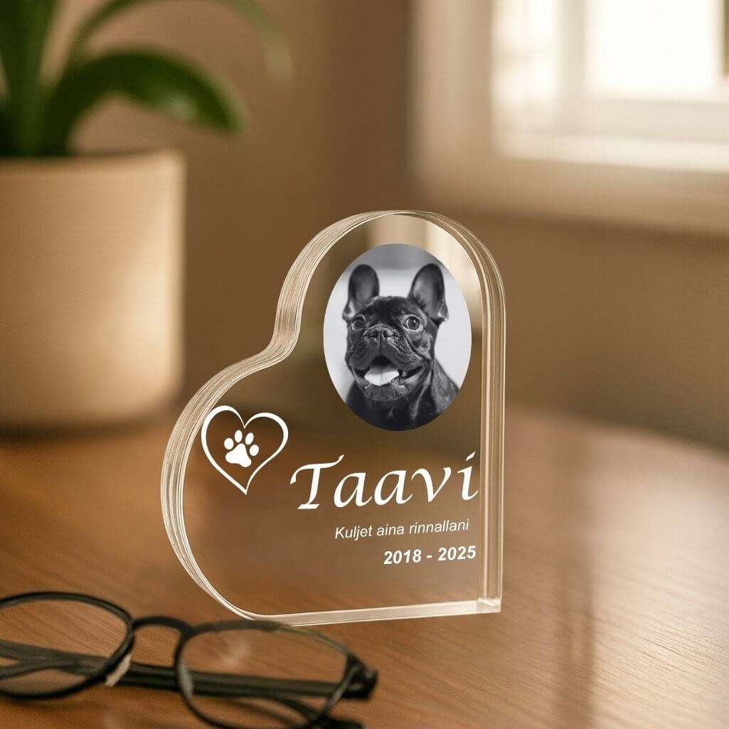 Cadre photo chien personnalisé – Plaque commémorative cœur en acrylique pour animal avec nom, dates & message gravés