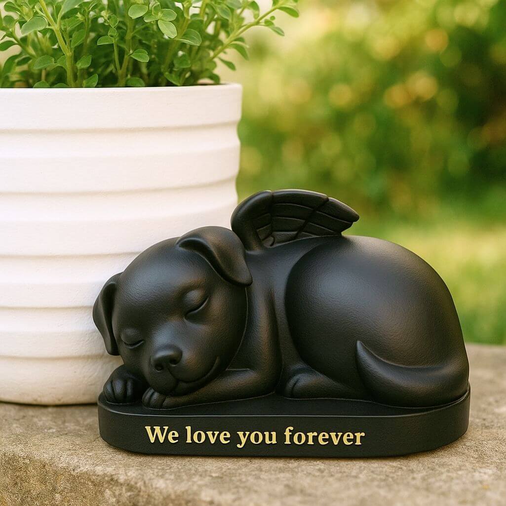 Urne funéraire ange endormi noir pour chien – Monument souvenir d'extérieur en résine et urne funéraire pour cendres d’animal