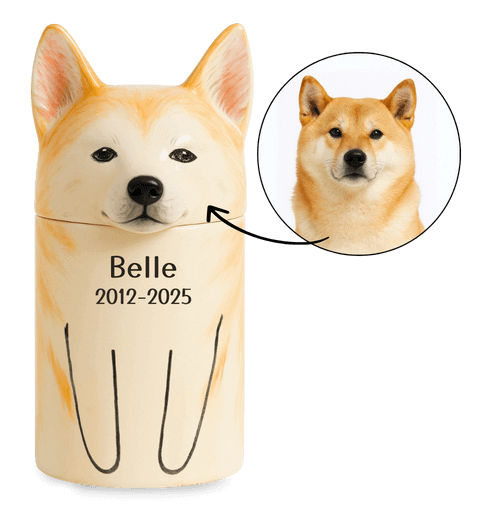 Urne pour chien artisanale en céramique personnalisée par race – Urne funéraire unique avec portrait peint et yeux ouverts